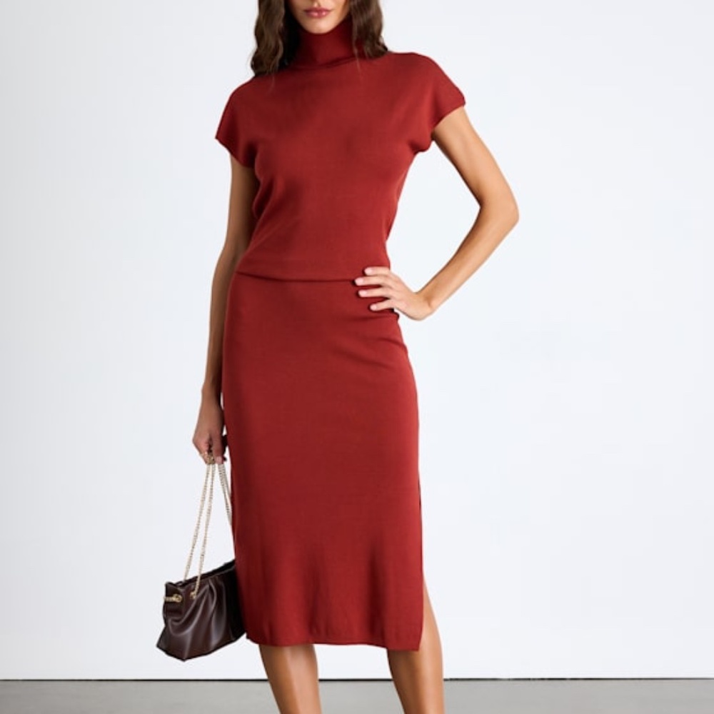 Lulus Ashford Rust Red Turtleneck Short Sleeve Sweater Midi Dress - Size M